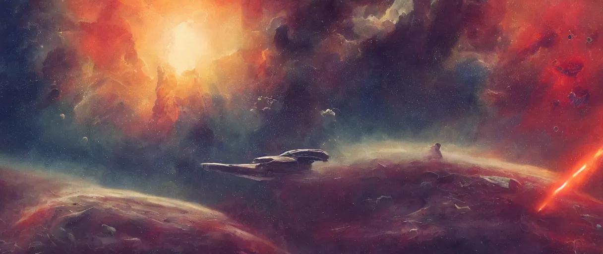 Prompt: concept art, exploration spaceship drifting in space, the expanse tv series, industrial design, immensity, alone in a nebula cloud, space debris, cinematic lighting, 4k, widescreen ratio, by sparth, beksinski