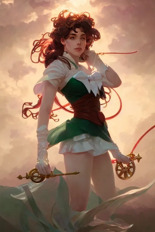 Image similar to Sailor Jupiter, fantasy, intricate, elegant, highly detailed, digital painting, artstation, concept art, matte, sharp focus, illustration, art by Artgerm and Greg Rutkowski and Alphonse Mucha