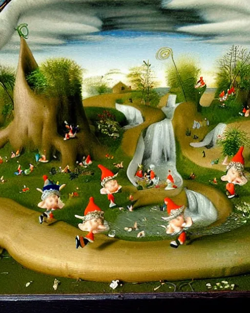 Image similar to miniature diorama painting of the garden gnomes filled with whimsical fairies dancing in a river of waterfalls falling from the cotton clouds with realistic cloud background by Bosch and Breugel