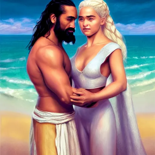 Image similar to beautiful serene intricate portrait of daenerys targaryen and khal drogo taking a selfie, smiling softly, relaxing on the beach, golden hour, soft focus, 8 k, art by irakli nadar, hyperrealism, hyperdetailed, ultra realistic