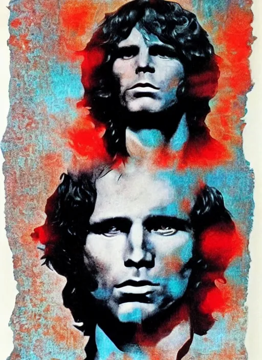 Prompt: Jim Morrison, The Doors, 1970's, Detailed, Mixed Media, Cream paper, black, red, cyan