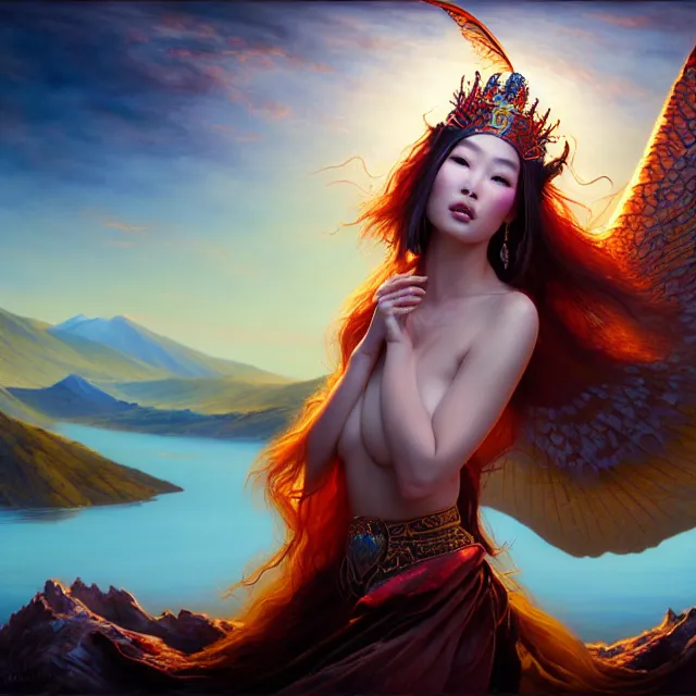 Prompt: beautiful 3 d render of a sexy mongolian queen goddess in a sensual pose, spreading her wings, sexy face, atmospheric lighting, intricate, volumetric lighting, beautiful, rich deep colours masterpiece, sharp focus, ultra detailed, in the art style of bowater, charlie, brom, gerald, with lake baikal in the background, astrophotgraphy