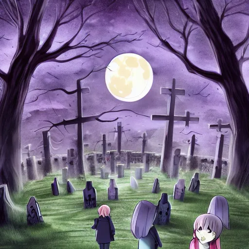 Image similar to anime hd, anime, 2 0 1 9 anime, ghost children, children born as ghosts, dancing ghosts, london cemetery, albion, london architecture, buildings, gloomy lighting, moon in the sky, gravestones, creepy smiles
