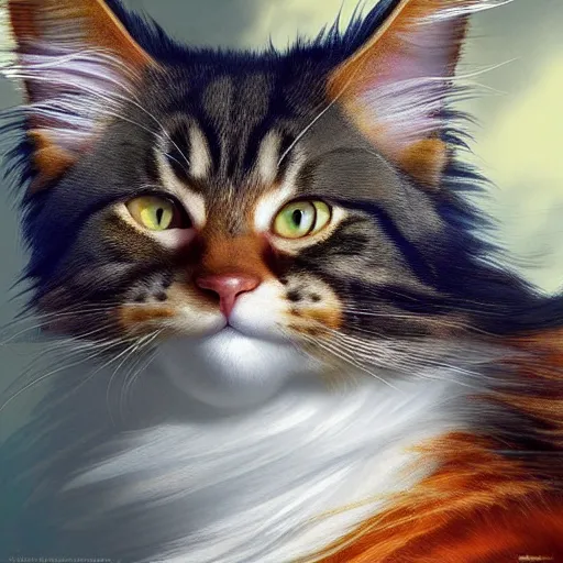 Prompt: orange maine coon, norwegian forest cat, cuddly fur, pixar cute, highly detailed, sharp focus, digital painting, artwork by Victor Adame Minguez + Yuumei + Tom Lovell + Sandro Botticelli