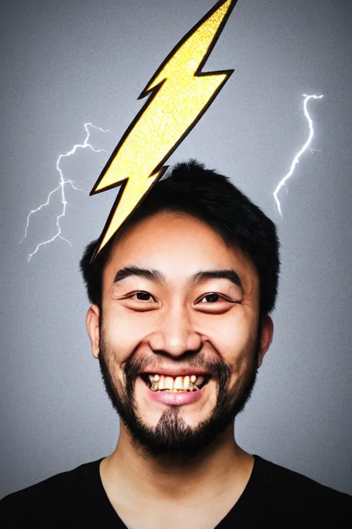 Image similar to portrait of asian hacker grinning with gold teeth and a lightning bolt face tattoo