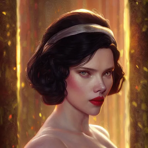 Image similar to scarlett johansen as snow white, au naturel, hyper detailed, digital art, trending in artstation, cinematic lighting, studio quality, smooth render, unreal engine 5 rendered, octane rendered, art style by klimt and nixeu and ian sprigger and wlop and krenz cushart