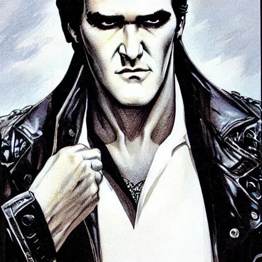 Image similar to beautiful portrait commission of a handsome bruce campbell casual clothes in a vintage gothic style. black hair. pale skin, black makeup. character design by Bruce Pennington, detailed, inked, western comic book art