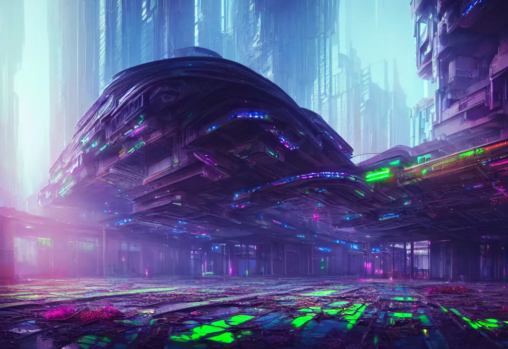 Image similar to A highly detailed crisp unreal engine render of A beautiful futuristic cyberpunk cybertech abandoned building with neon like plants, perfect well made rainbow on the sky, sunlight breaking through clouds, debris on the ground, abandoned machines by wangchen-cg, 王琛,Neil blevins, artstation