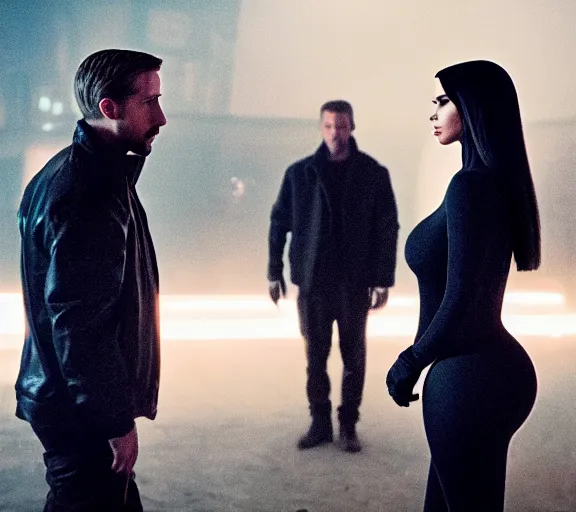 Image similar to a movie still of kim kardashian talking with ryan gosling in the movie blade runner 2 0 4 9