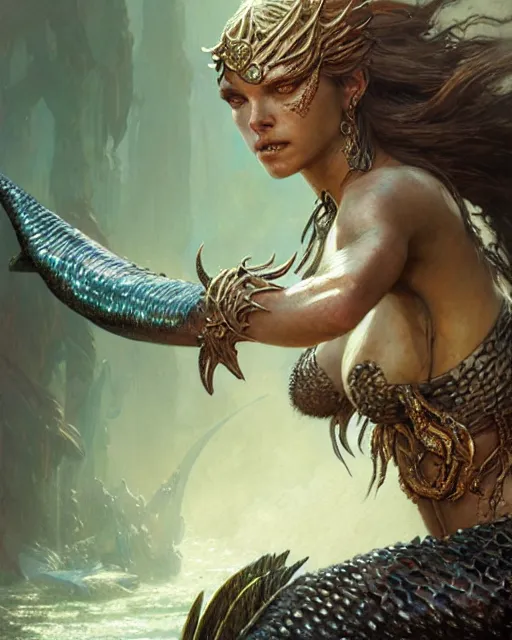 Image similar to a fierce mermaid warrior, fantasy character portrait, ultra realistic, concept art, intricate details, highly detailed by greg rutkowski, gaston bussiere, craig mullins, simon bisley