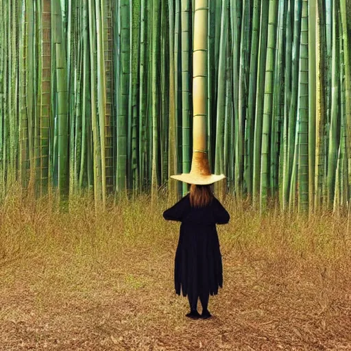 Image similar to a witch has turned her head into bamboo, standing in front of a mirror laughing