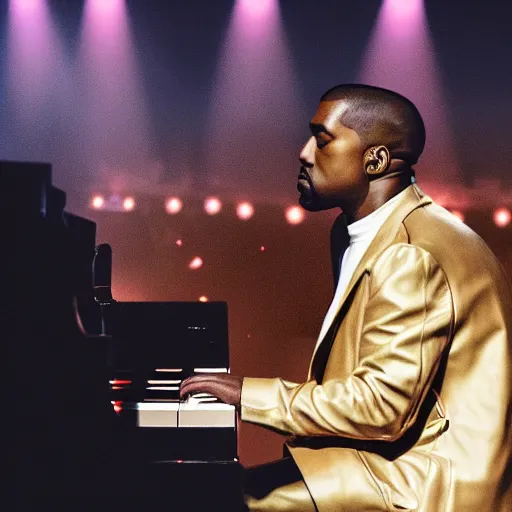 Prompt: Kanye West performing a song live on a garden with Elton John playing the piano in the background, vintage camera, dreamy, atmospheric, golden hour, cinematic lighting, 8K concept art