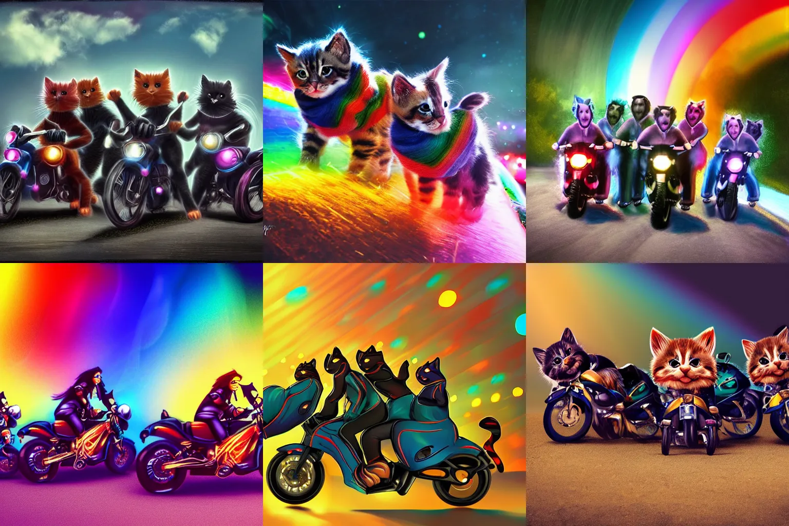 Prompt: wide full body, group of rainbow cute kittens wearing black jackets riding motorcycles, cinematic lighting, digital art 2k