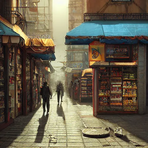 Prompt: A fantasycore photograph of a convenience store with photograph of 2099 portugal lisbon on the street of a very highly detailed eldritch city digital rational painting art by Greg Rutkowski, sci-fi highly detailed, digital concept art, Dimensional cyan gold natural light, sharp focus, realistic concept art by Eta Cru and James Gurney and Donato Giancola, composition by alphonse mucha