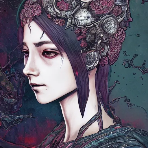 Prompt: A beautiful detailed aesthetic horror portrait painting titled 'Face of sadness' description 'Order of the occult princess' portrait, character design, worn, dark, manga style, extremely high detail, photo realistic, pen and ink, intricate line drawing, that looks like it is from Borderlands and by Feng Zhu and Loish and Laurie Greasley, Victo Ngai, Andreas Rocha, John Harris ,