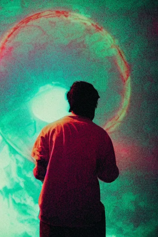 Image similar to kodak color plus 2 0 0 photograph of a guy looking into a bright otherworldly swirling glowing portal, back view, vaporwave colors, grain, moody lighting, moody aesthetic,