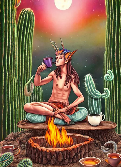 Image similar to richly detailed colored pencil 3 d illustration spartan drinking tea at campfire with trichocereus background and smoke haze full moon ayahuasca peyote art by range murata and artgerm