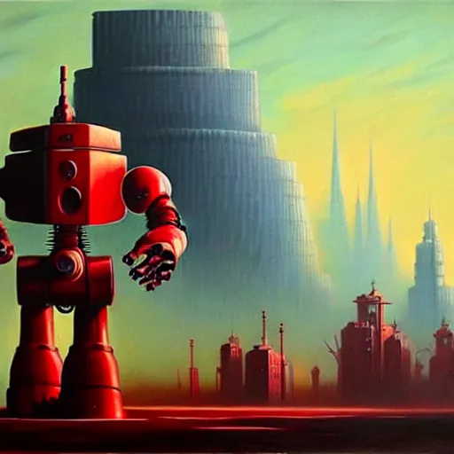 Prompt: a large red robot standing in front of a city, concept art by jarosław jasnikowski, trending on artstation, altermodern, steampunk, concept art, 2 d game art