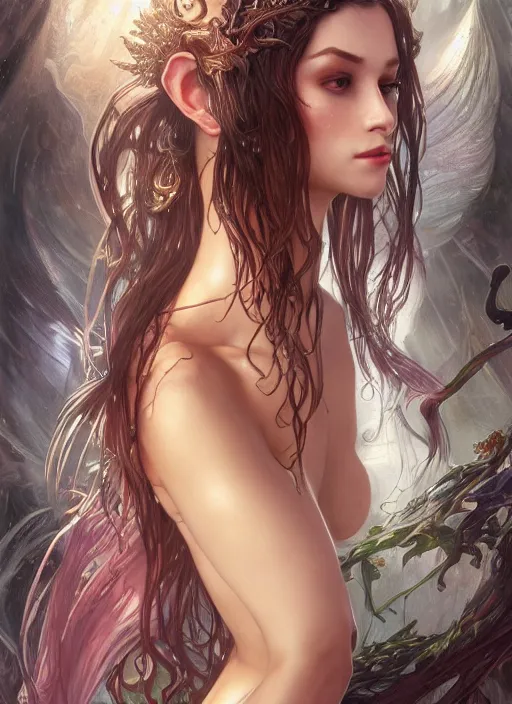 Prompt: sexy alluring elvish dancer of the underworld, d & d, wet, shiny, fantasy, intricate, elegant, hyper detailed, ultra definition, photoreal, artstation, unreal engine rendered, concept art, smooth, sharp focus, illustration, art by artgerm and greg rutkowski and alphonse mucha and garis edelweiss