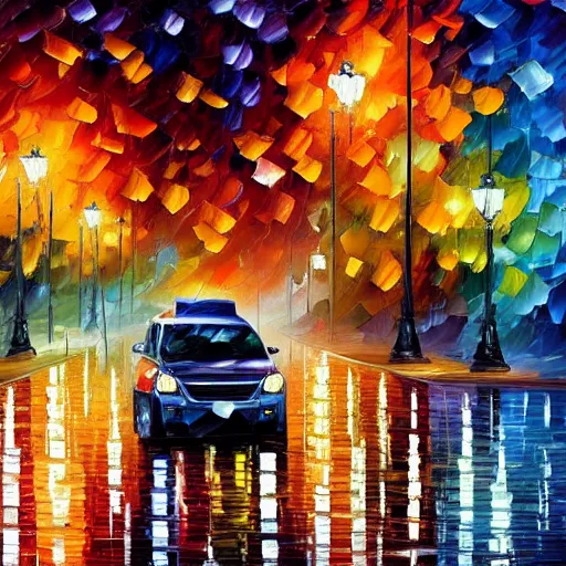 Image similar to A tank on a rainy evening, Leonid Afremov, intricate details, trending on artstation