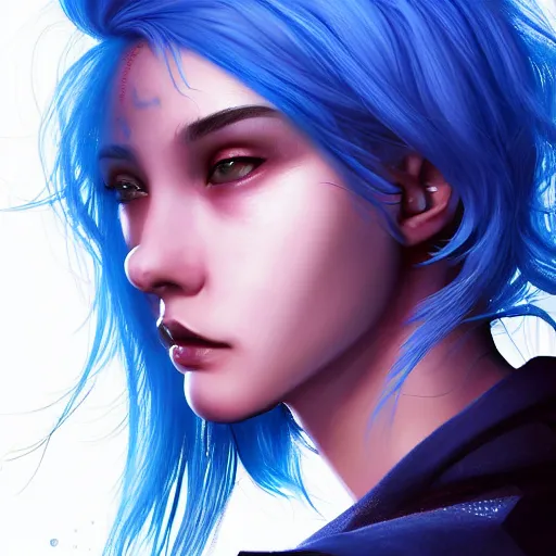 Image similar to a digital painting of a woman with blue hair, cute - fine - face, pretty face, cyberpunk art by sim sa - jeong, cgsociety, synchromism, detailed painting, glowing neon, digital illustration, realistic shaded perfect face, extremely fine details, by realistic shaded lighting, dynamic background, poster