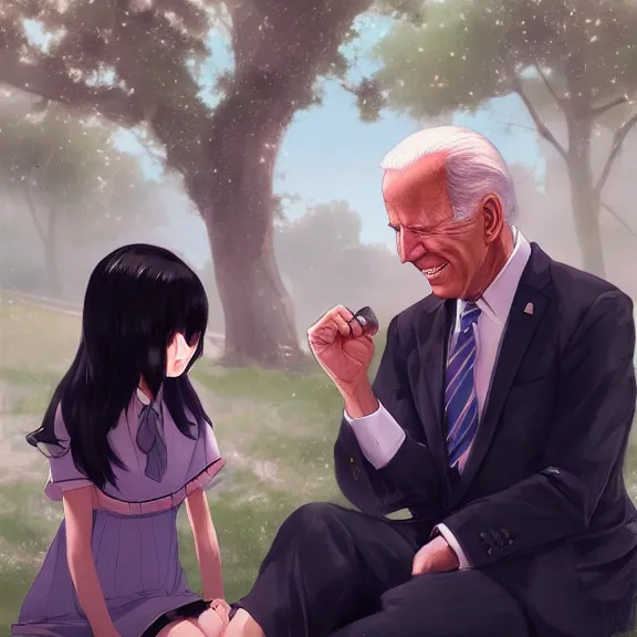 Image similar to photorealistic Joe Biden meets a beautiful smiling anime girl with black hair and hime cut sitting under a tree, Stanley Artgerm Lau, WLOP, Rossdraws, Ilya Kuvshinov, artstation