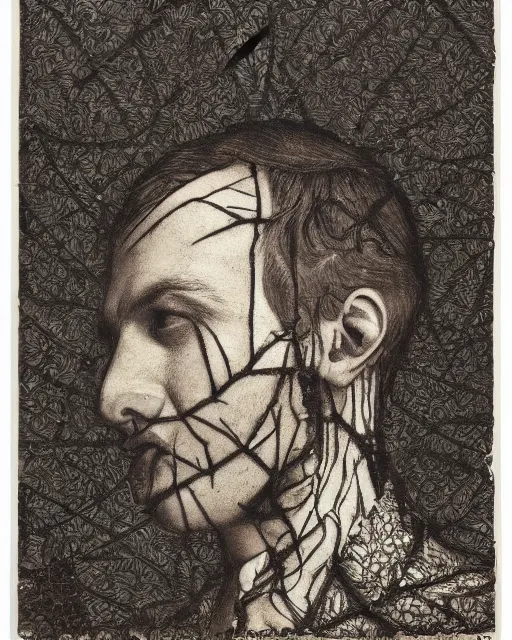 Prompt: a man's face in profile, wearing a collared shirt, made of intricate decorative lace leaf skeleton, in the style of the dutch masters and gregory crewdson, dark and moody