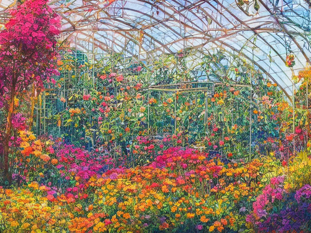 Prompt: painting of a botanical garden greenhouse serene morning light colorful flowers, vivid colors, Alena Aenami, Rebecca Guay, science fiction vintage art