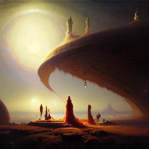 Image similar to giant crescent under construction in a magic fluffy persian carpet dimension, by greg rutkowski and gaston bussiere, dim lighting, beautiful volumetric - lighting - style atmosphere, surreal atmosphere, intricate, detailed, photorealistic imagery, artstation