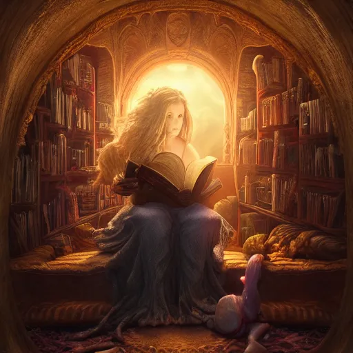 Prompt: by artgerm and agostino arrivabene, visually stunning, cinematic, ultra realistic, hyper realism, epic, octane render, unreal engine, vfx, maya, a girl reading a book, fungal enchanter, murloc tinyfin, dread infernal, wee whelp, battle ram