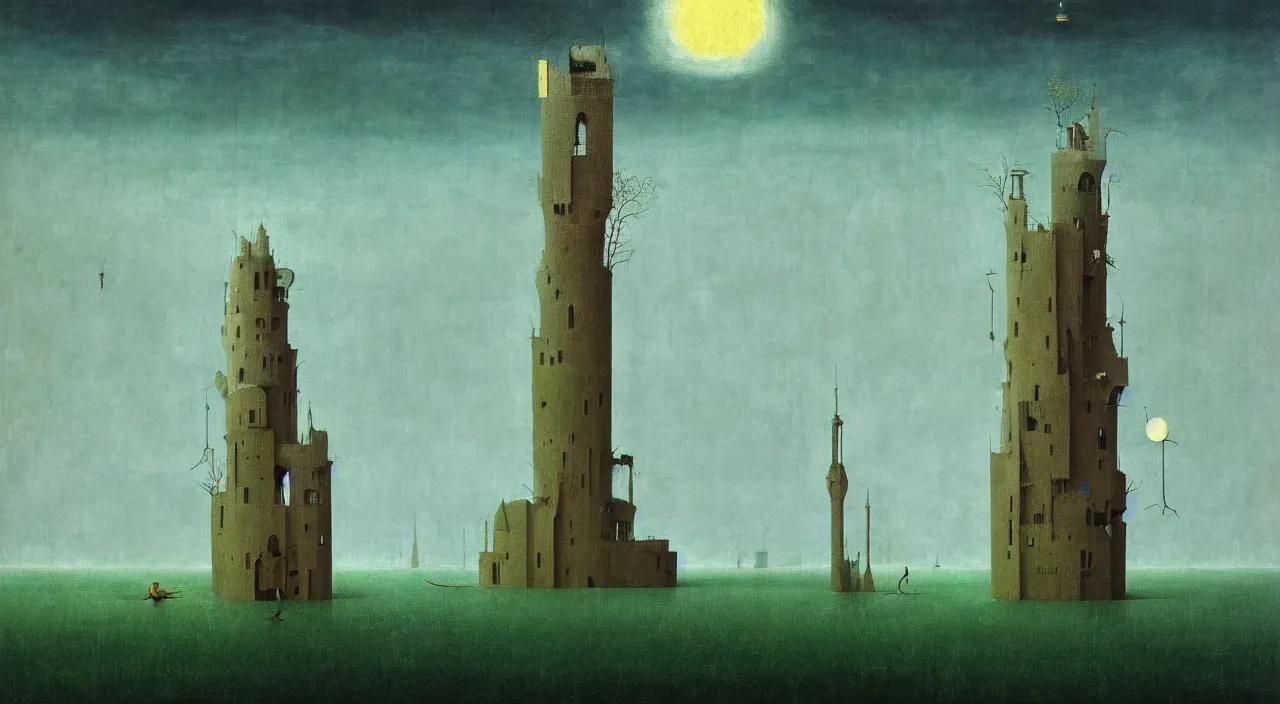 Image similar to single flooded simple!! tower anatomy, very coherent and colorful high contrast masterpiece by franz sedlacek hieronymus bosch dean ellis simon stalenhag rene magritte gediminas pranckevicius, dark shadows, sunny day, hard lighting