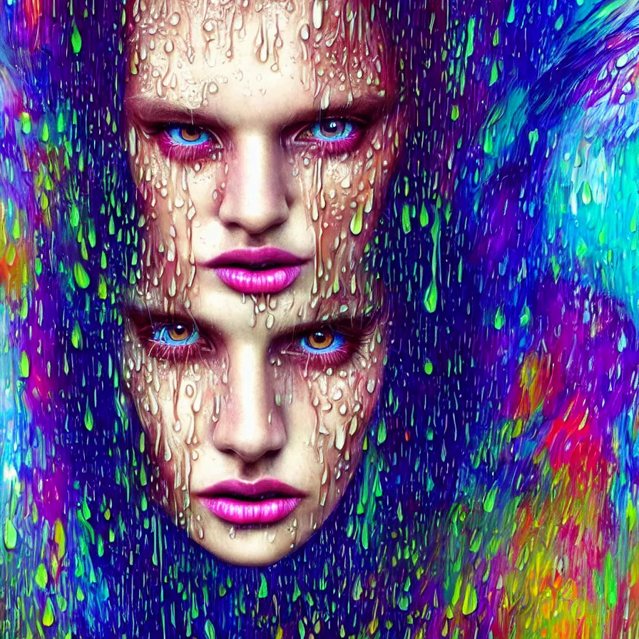 Prompt: bright asthetic portrait of one single face, LSD in rain with wet hair and face, liquid, fantasy, intricate, elegant, dramatic lighting, highly detailed, lifelike, photorealistic, digital painting, artstation, illustration, concept art, smooth, sharp focus, art by John Collier and Albert Aublet and Krenz Cushart and Artem Demura and Alphonse Mucha