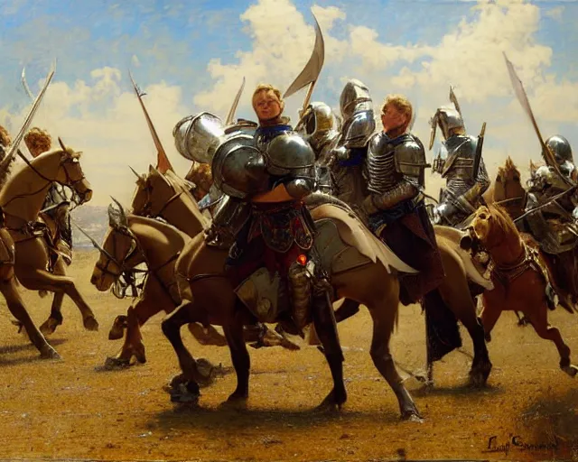 Prompt: arthur pendragon and the knights doing some mock battle for training. highly detailed painting by gaston bussiere, craig mullins, j. c. leyendecker 8 k