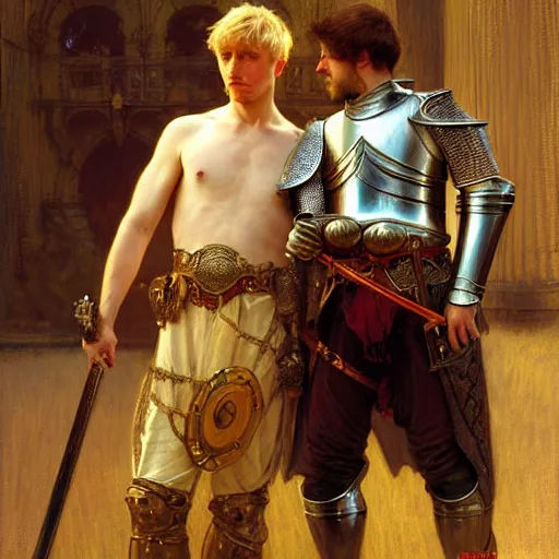 Image similar to attractive arthur pendragon and his attractive male knight, they are in love, natural lighting, path traced, highly detailed, high quality, digital painting, by gaston bussiere, craig mullins, alphonse mucha j. c. leyendecker