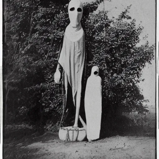 Image similar to scary unproportionally tall ghost creature in the middle of a village, 1900s picture