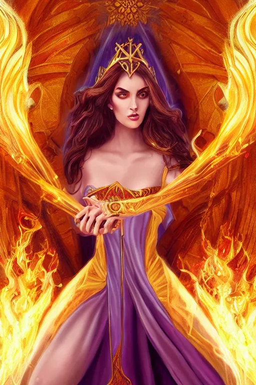 Prompt: mystical, magician, beautiful female!!, silk gold robes, casting fire spells, dramatic, intricate, elegant, majestic, highly detailed, hard focus, digital painting, artstation, smooth, unreal engine