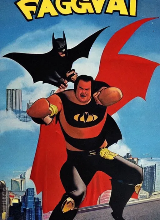 Image similar to an 8 0's john alvin action movie poster starring steven seagal face as a fat bat man superhero the movie is called fat batman