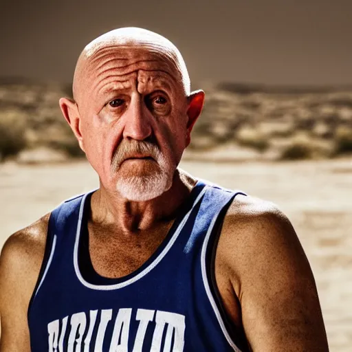 Image similar to mike ehrmantraut from breaking bad playing basketball at a desert, professional photography, cinematic, hd