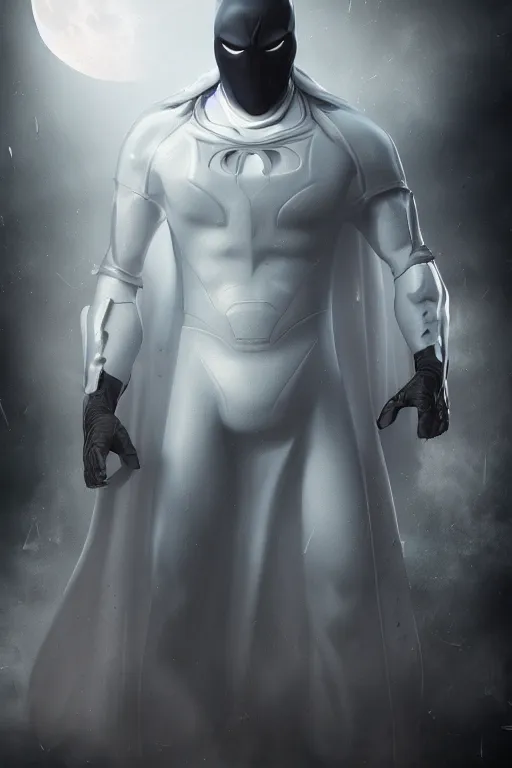 Image similar to hyperrealistic photography of Moon Knight mixed with Dardevil style of Hossein Diba, full-shot, merged character, 4k, highly detailed, cinematic lighting, photorealistic, 3d render, award winning render, unreal engine, masterpiece, octane render, sharp focus, studio lighting, 8k, hd