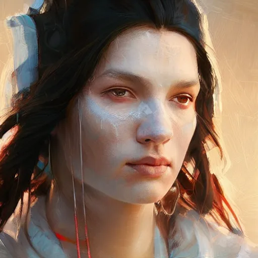 Prompt: Portrait of a Modern Native American Goddess as a nurse, white lighting, digital art by Ruan Jia and Mandy Jurgens and Artgerm, highly detailed, trending on artstation, award winning,