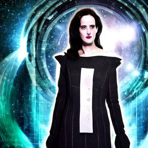 Image similar to a beautiful photograph of eva green as'doctor who ', time vortex in the background, detailed face, symmetrical face, extreme realism and detail, 8 k, completely framed, direct lighting, 3 5 mm photo, photorealistic, sharp focus