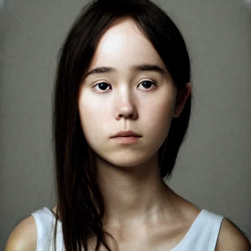 Image similar to a masterpiece portrait photo of a beautiful young woman who looks like a korean ellen page, symmetrical face