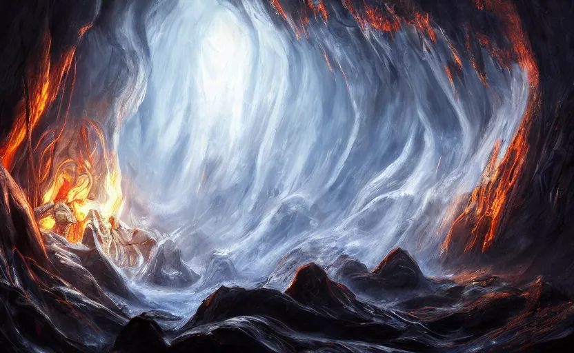 Prompt: a hyper-realistic oil painting of Balrog in the caves of Moria; swirling sheets of light and fire; hyper-detailed; an extraordinary masterpiece!!!; flawless; trending on artstation