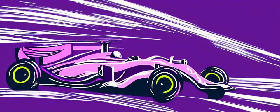 Prompt: abstract illustration of a formula one car, synthwave, purple and pink, motion blur, light streaks