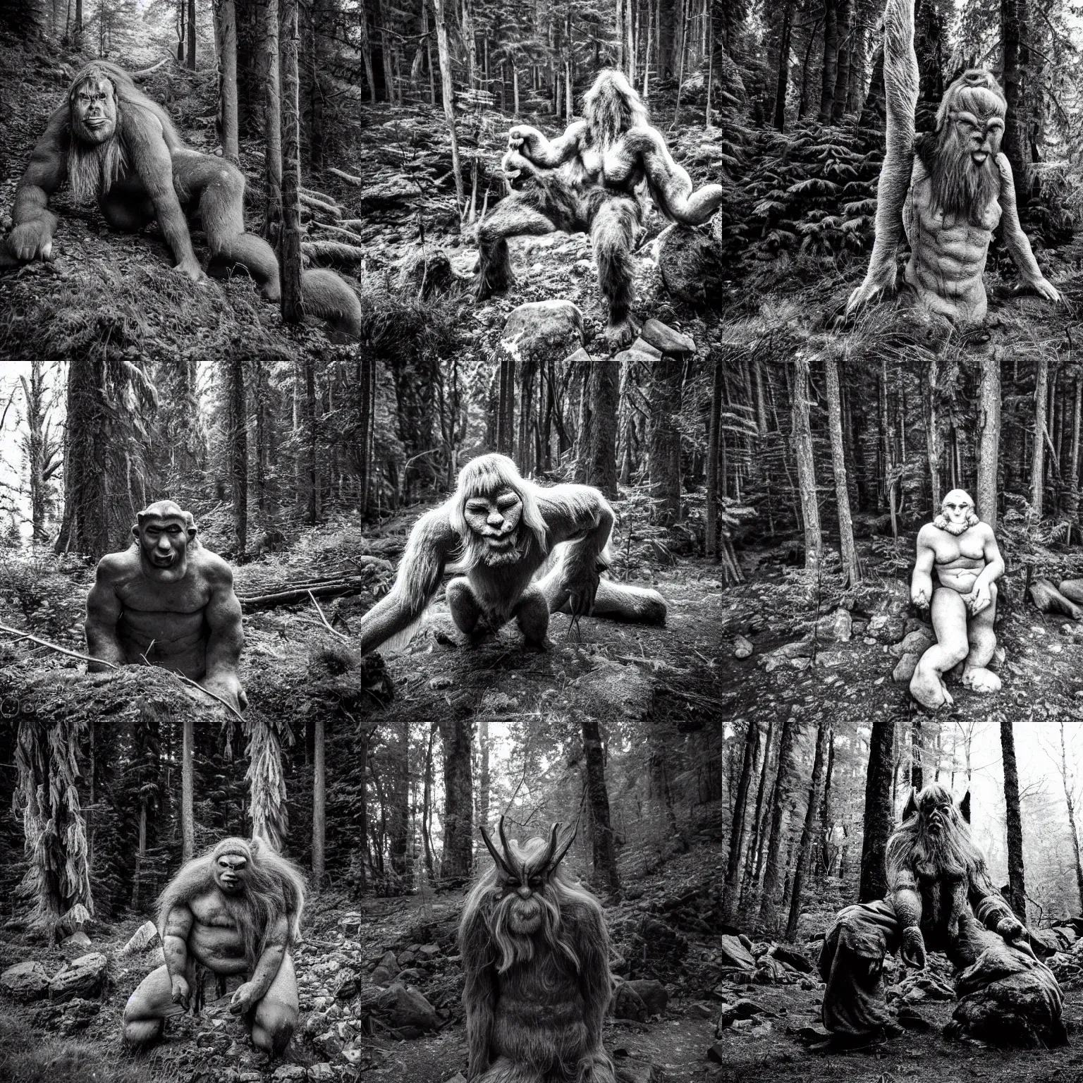 Prompt: overexposed flash photograph of large mountain trolls mythical fantasy norwegian trolls in forest, flash photograph, black and white, blair witch project, creepy, scary