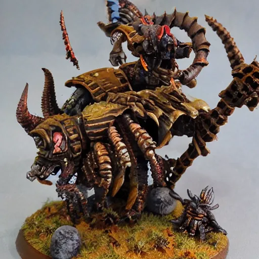 Prompt: tyranid hive queen, with warriors protecting her, field, burrow