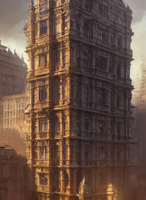 Prompt: a building with a very complicated architecture by peter kuczia, very detailed, intricate details, complimentary colors, perfect lighting, perfect composition, aesthetic, masterpiece, award winning, artstation, darek zabrocki, greg rutkowski, artgerm, 4 k