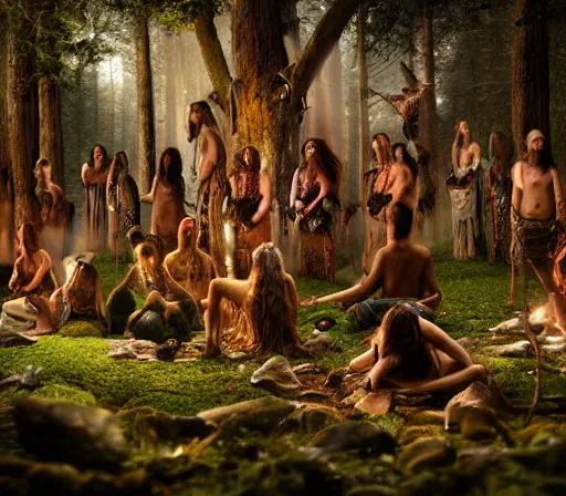 Image similar to a shamanic gathering of a tribe in a magical forest, spiritual connection with the forest, extreme detail, sharp focus, 8 k, intricate, hyper detailed, cinematic lighting