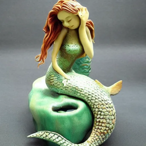 Image similar to an amazing ceramic realistic mermaid sculpture mug, creative, beautiful, award winning design, functional, colorful