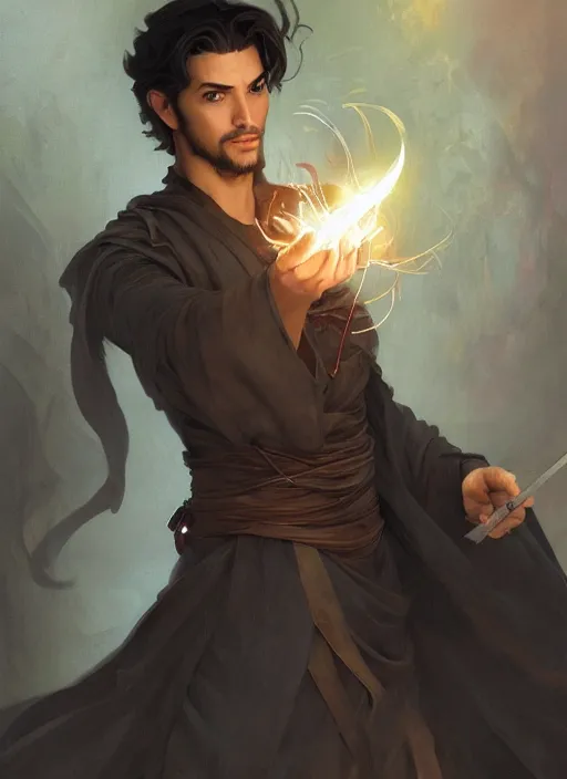 Prompt: character concept portrait of an attractive young Spanish wizard with tan skin conjuring a fire spell, a floating iridescent spell book in the center, intricate, elegant, digital painting, concept art, smooth, sharp focus, illustration, from Metal Gear, by Ruan Jia and Mandy Jurgens and William-Adolphe Bouguereau, Artgerm